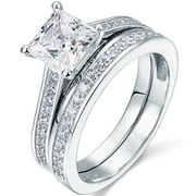 JeenMata 1 Carat Princess Cut Moissanite Wedding Set - Bridal Set - Engagement Ring - Channel Set Ring - Cluster Ring - 18k White Gold Plated for Women