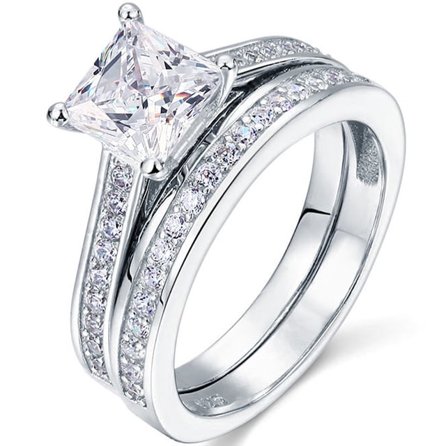 Conjunto nupcial JeenMata de moissanita de corte princesa de 1,50 quilates - Anillo de novia - Anillo con engaste de canal - Anillo hecho a mano - Chapado en oro blanco