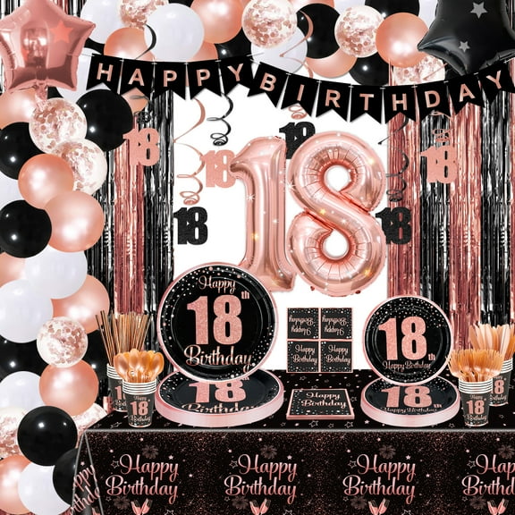 18th Birthday Decorations - Black and Rose Gold Party Decorations, Balloons, Banner, Plates, Napkins, Cups, Tableware, Tablecloth, 18th Birthday Party Supplies for Girls, Serve 20