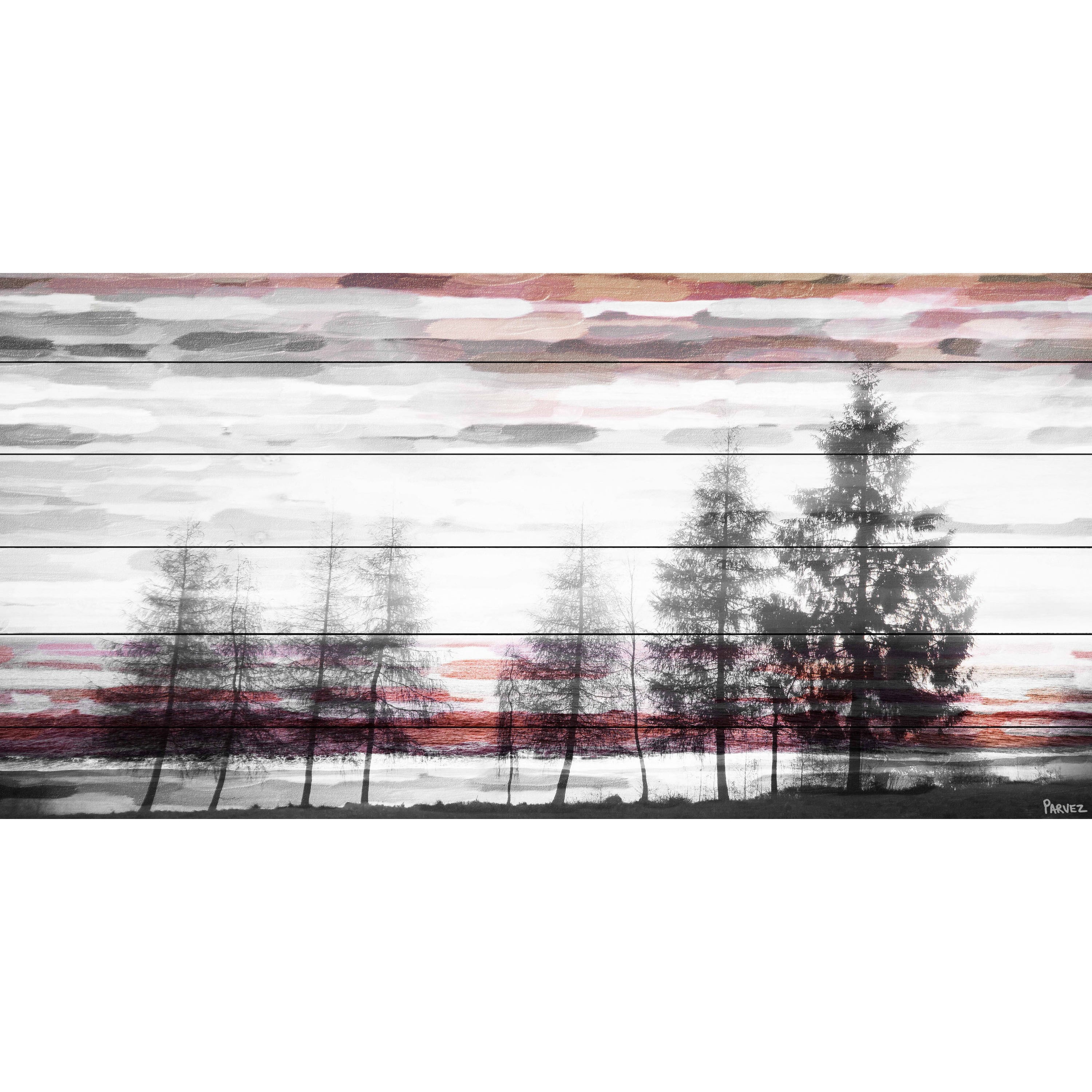 "Red Behind the Trees" Painting Print on White Wood