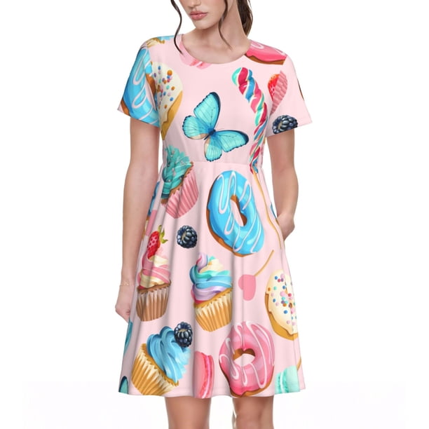 Disketp Cupcakes and Donuts para Vestido de Manga Corta para Mujeres, Vestidos de Verano para Mujeres, Casual y Holgado para la Playa