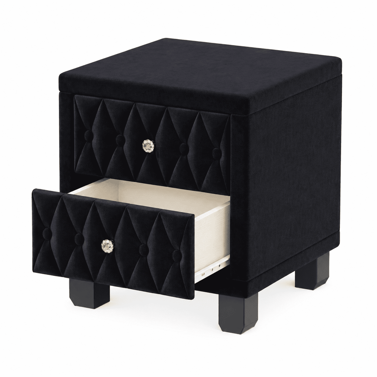 Elegant Velvet Nightstand with 2 Drawers and Crystal Handle, Storage Bedside Table with Button-Tufted, Black