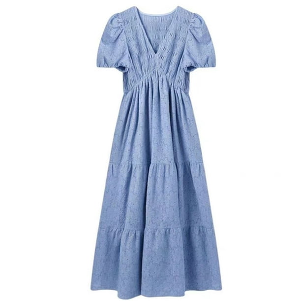 Vestido de primavera para mujer 2023, manga corta, único, cruzado, informal, midi, vestidos de sol, mangas abullonadas, vestidos de verano de manga corta para mujer