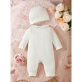 thumbnail image 3 of Kucnuzki Newborn Baby Girl Clothes 0 Months Fall Winter Bodysuit 1 Months Long Sleeve Lace Trims Solid Color Bodysuit Hat 2PCS Set White, 3 of 8