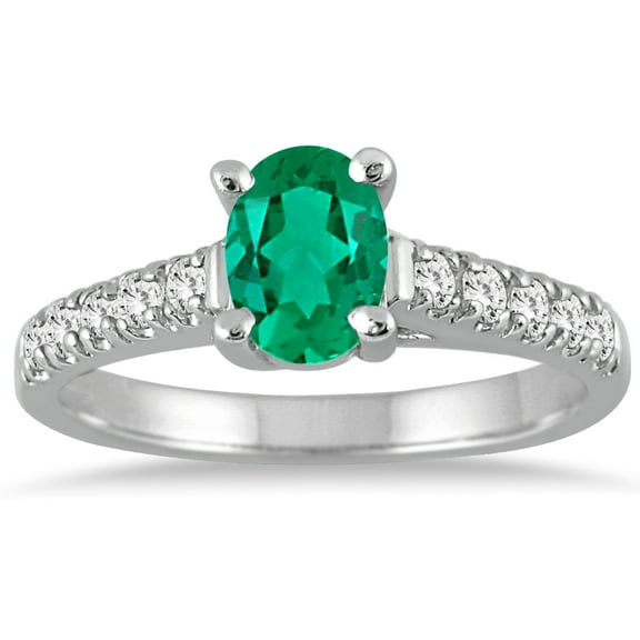 SZUL Women's 1 Carat Oval Emerald and Diamond Ring in 14K White Gold