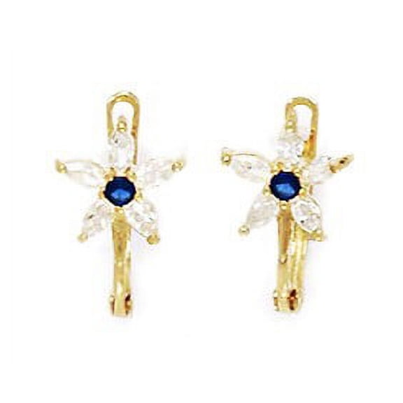 14k Yellow Gold September Blue 1.5mm CZ Flower Leverback Earrings - Measures 12x7mm