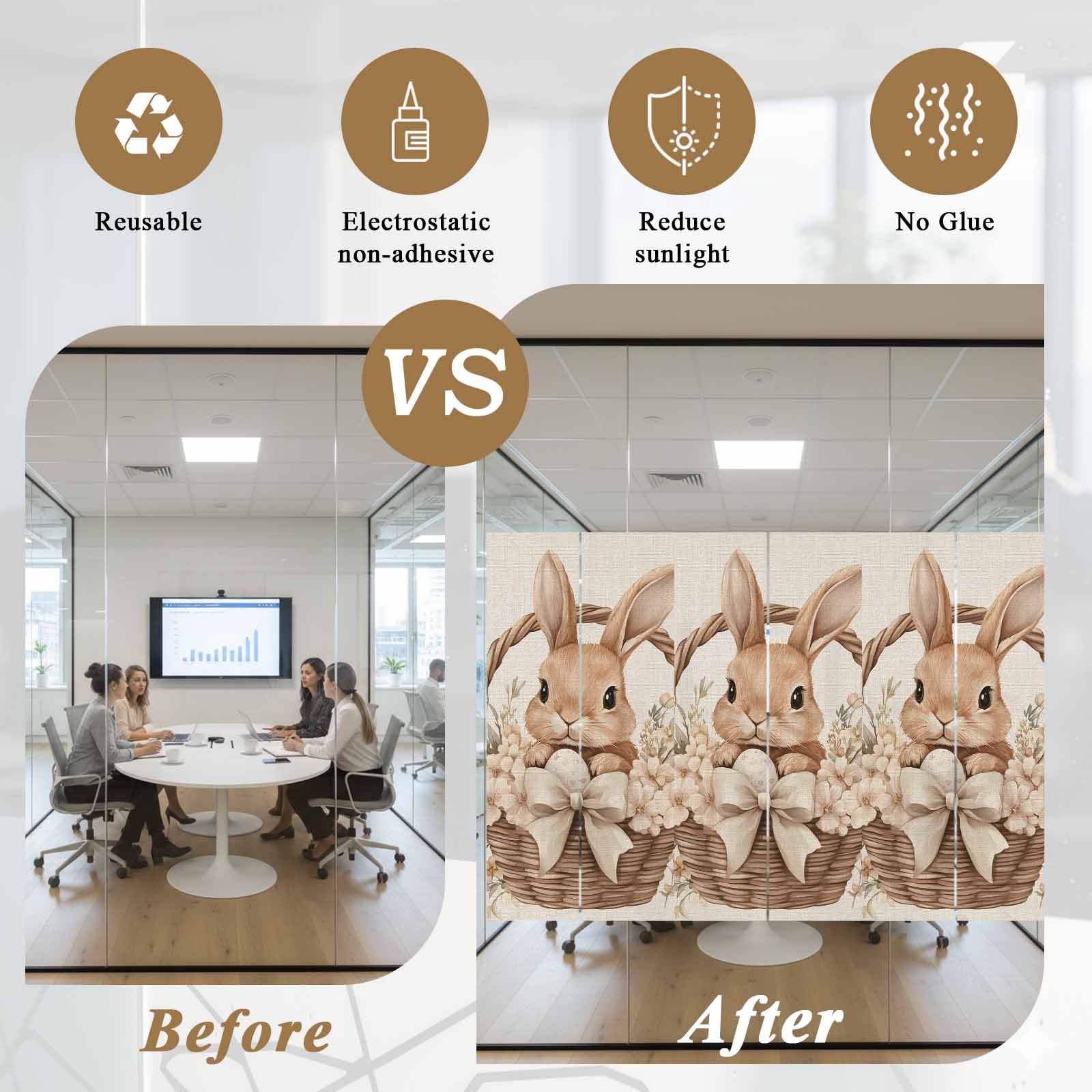 Easter Basket Rabbit Window Privacy Film, Vintage Bowknot Egg Spring Floral Leaf Linen Texture Frosted Glass Window Clings Static Cling Heat Blocking Reusable Door Sticker for Bedroom 23.6x78.7 Inch