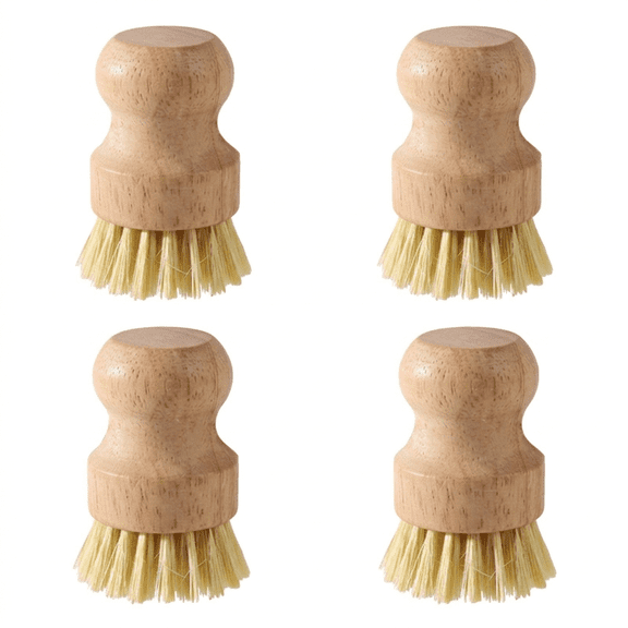 ROSEXIXI Dish Brush, 4-Pack Natural Rubberwood Kitchen Scrubber – Round Palm Handle with Stiff Sisal Bristles, Durable Wok and Cast Iron Cleaner for Washing Pots, Pans and Sink, Kitchen Accessories