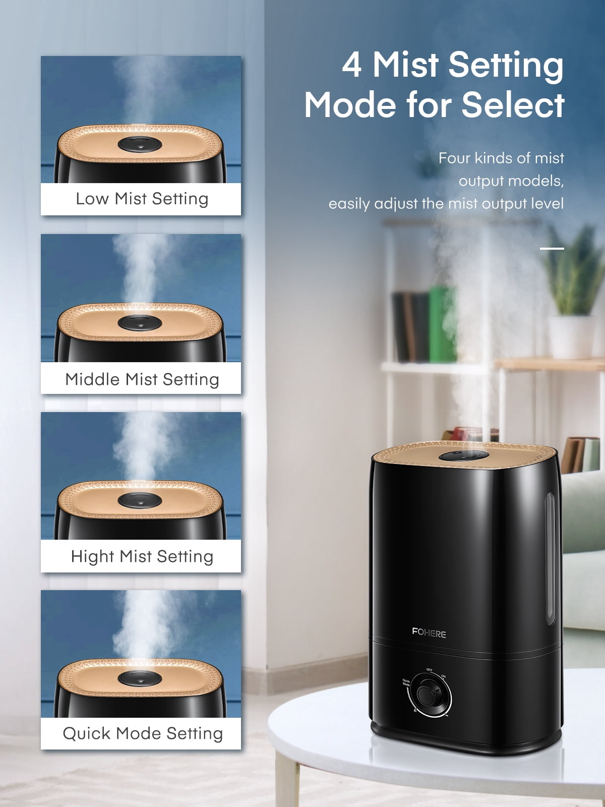 Fohere Cool Mist Humidifier for Room, Smart Top Fill with Nightlight, 5L,Black