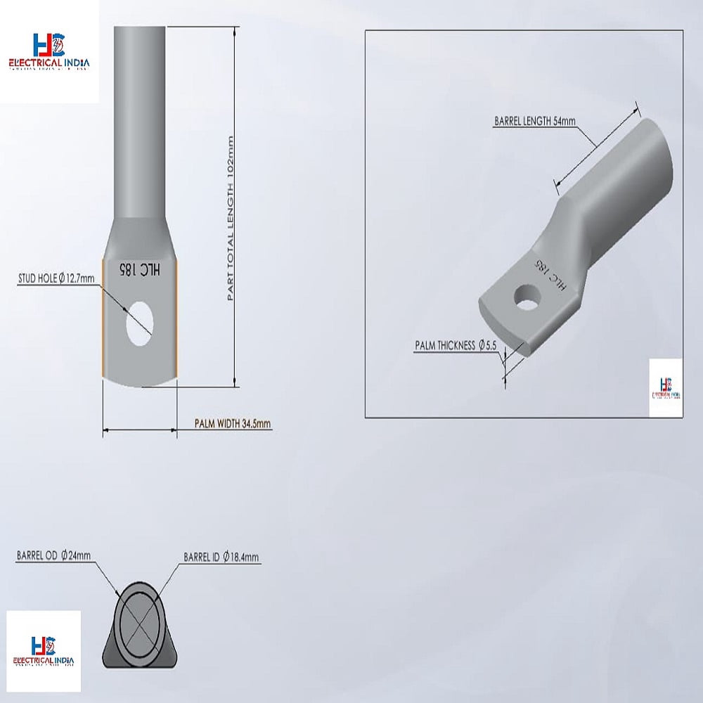 HLC Aluminum Lug | 185 mm² Wire Connector | Stud Hole | Heavy Duty Electrical Cable Lug | Crimp Type pack of 6