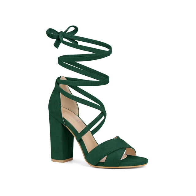 BLISSFUL STEP Sandales à Talons Épais à Brides et à Lacets pour Femmes Vert (Taille 7,5)
