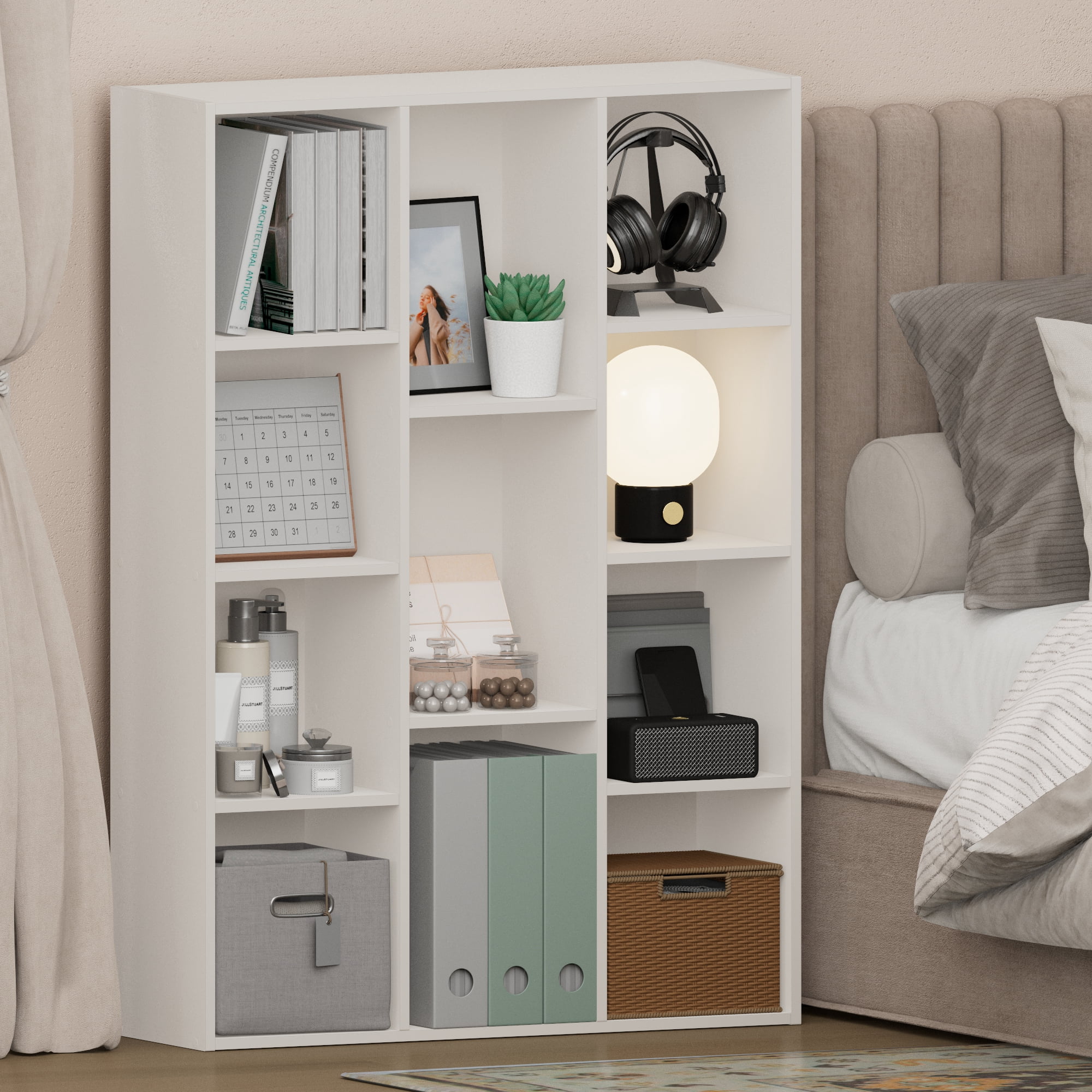 Furinno LUDER Book Shelf, 11-Cube Bookcase, Standing Bookshelf, Open Storage Shelf, Closed Back, Easy Assembly, 9.4 x 29.1 x 41.7 Inches, for Home Office, Living Room, Plain White