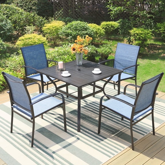 SUMMIT LIVING 5-Piece Outdoor Patio Dining Set with 4 Textilene Chairs & 1 Table with Umbrella Hole, Black & Blue