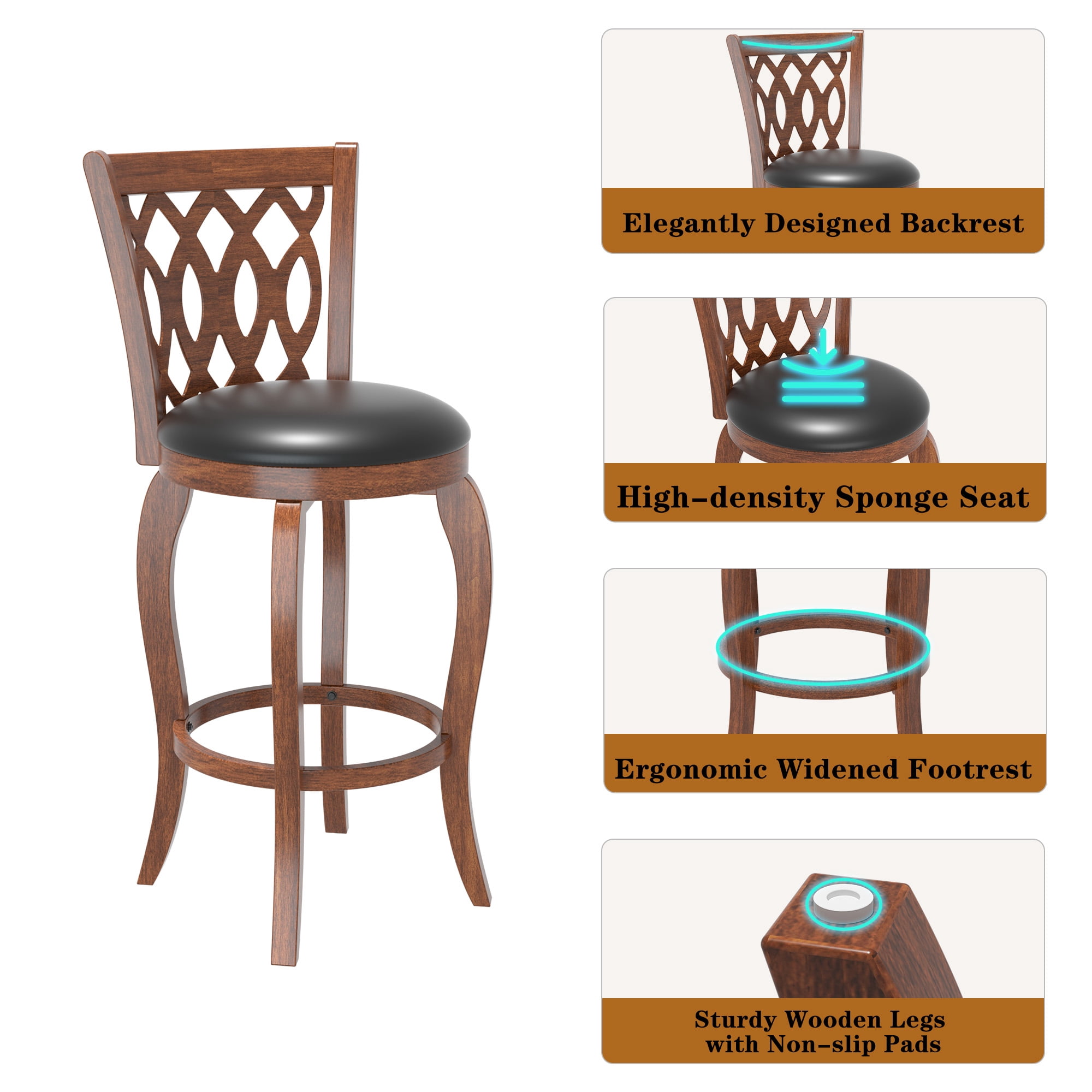 Joywind 29" Bar Height Swivel Bar Stools with High Back, Upholstered Seat & Solid Wood Footrest, Brown, Set of 2