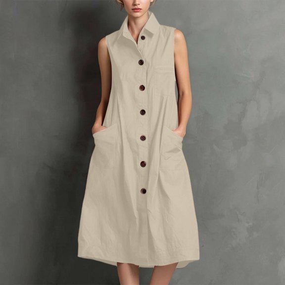 ClodeEU Women's Collared Sleeveless Button Down Linen Midi Dress,Casual Sundress with Pockets Beige,Women's Plus L