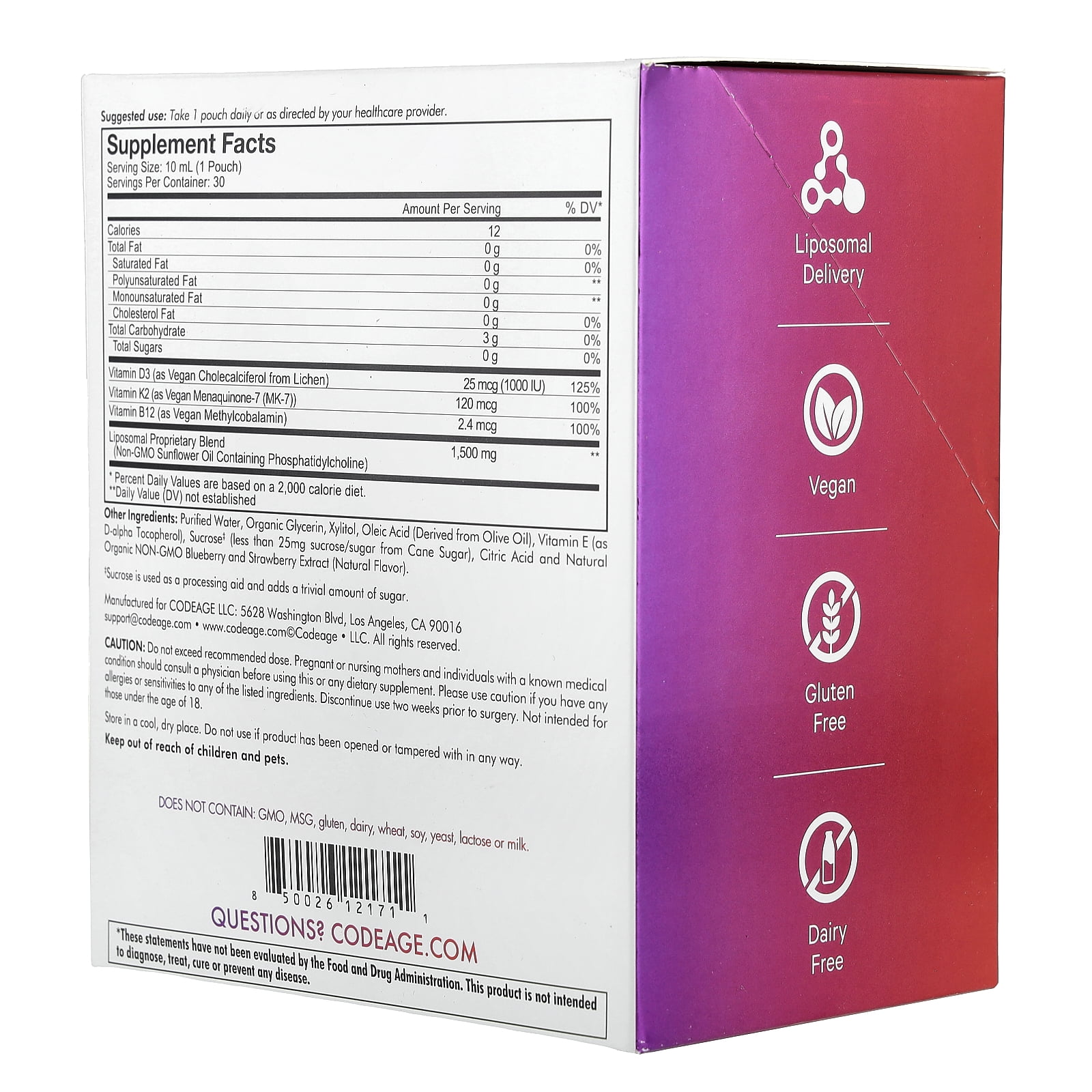 Vegan Vitamin D3 + K2 + B12 Sugar Free Liposomal Liquid - Bone Health Immune Support - Berry (30 Single Serving Packets)