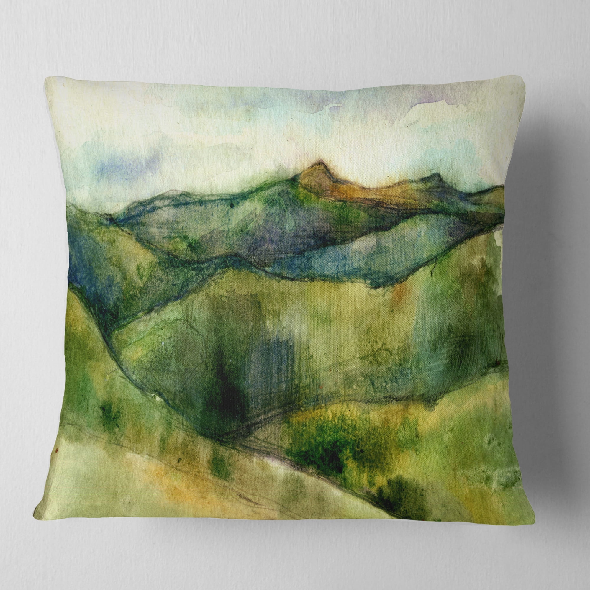 Designart Green Mountains Watercolor - Landscape Painting Throw Pillow - 18x18