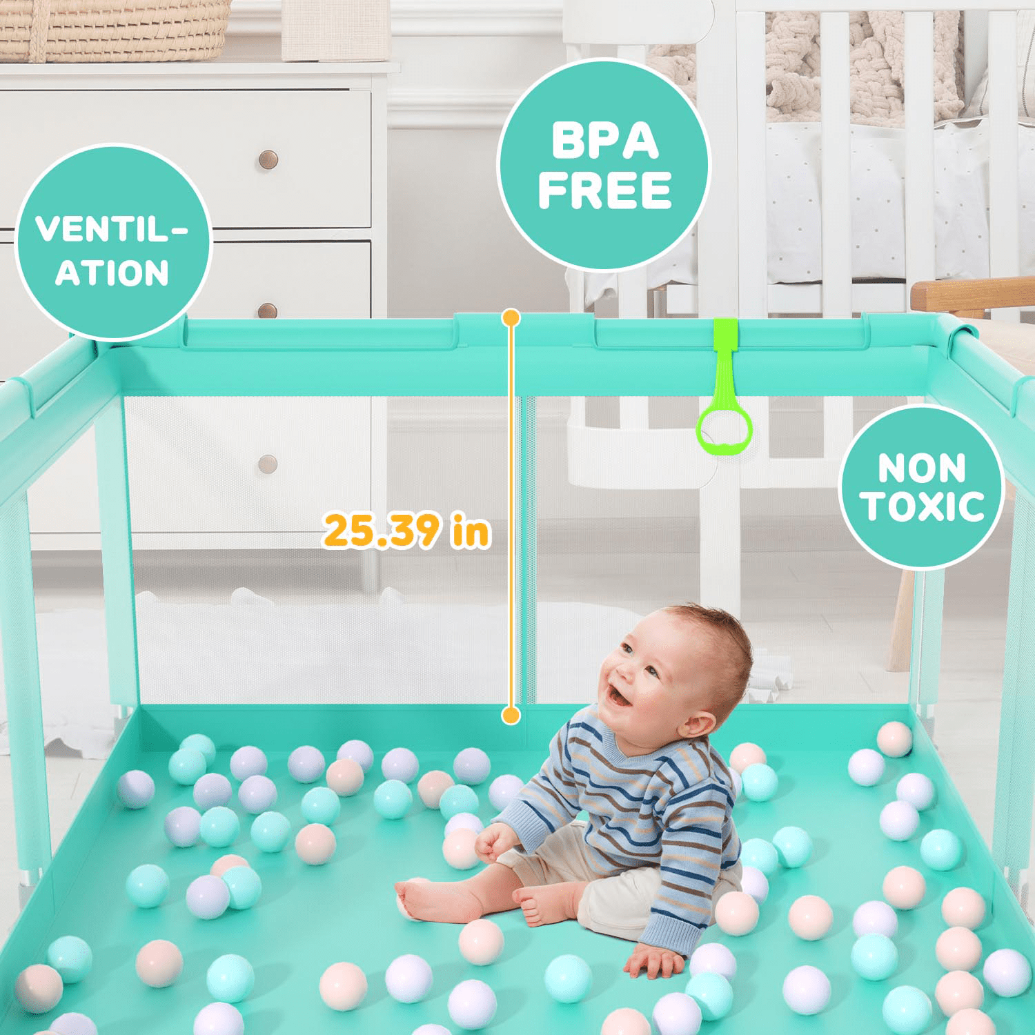 JoyStone Baby Playpen, 50 x 50 in, Non-Slip Base, Soft Mesh Sides, 2 Pull-up Rings, Carry Bag, Green