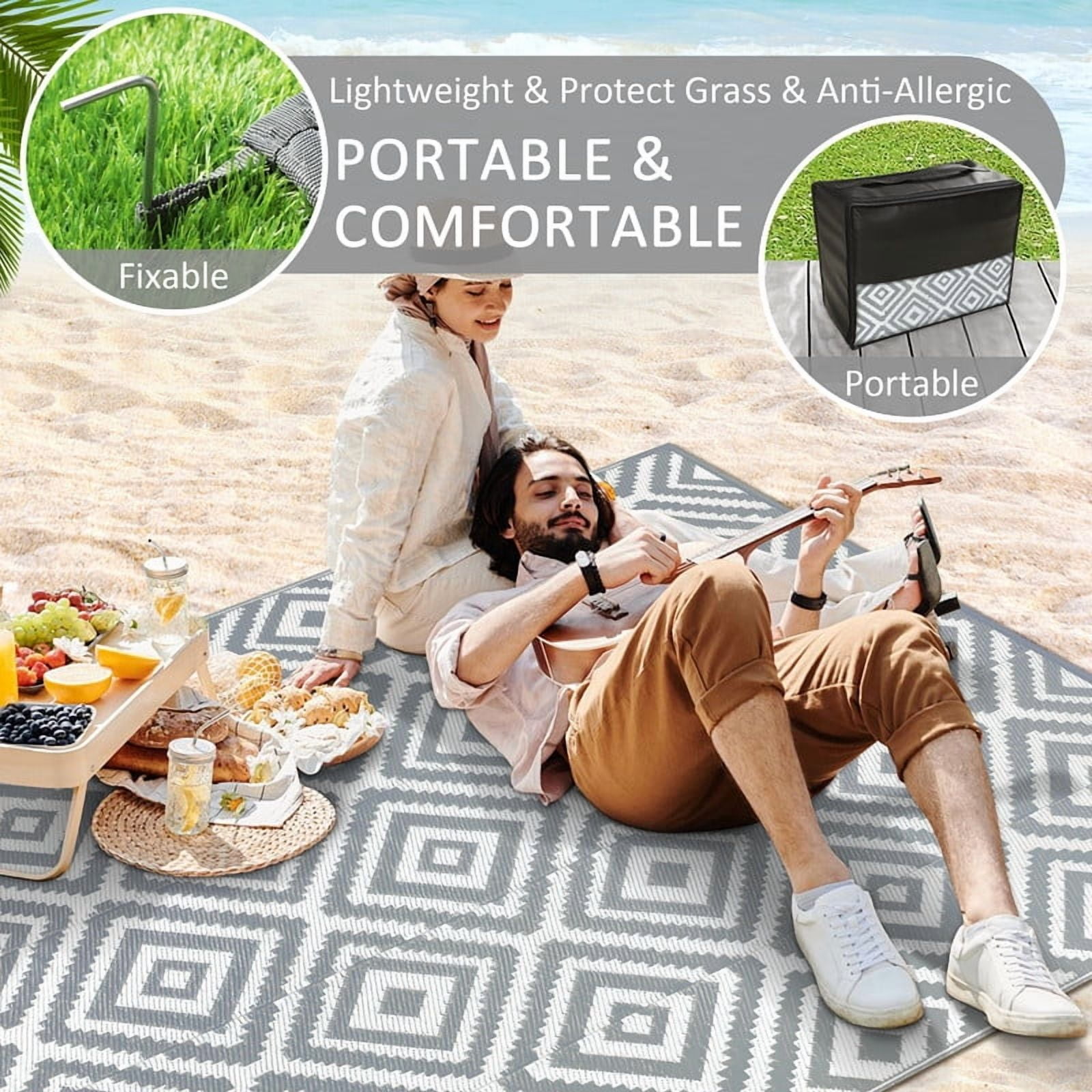 Aonewoe Outdoor Rug 8x10 Waterproof Reversible Camping Rug Patio Rug Plastic Straw Rug Outside Indoor Outdoor Area Rug for Patio Deck Balcony Picnic Beach, Gray & White