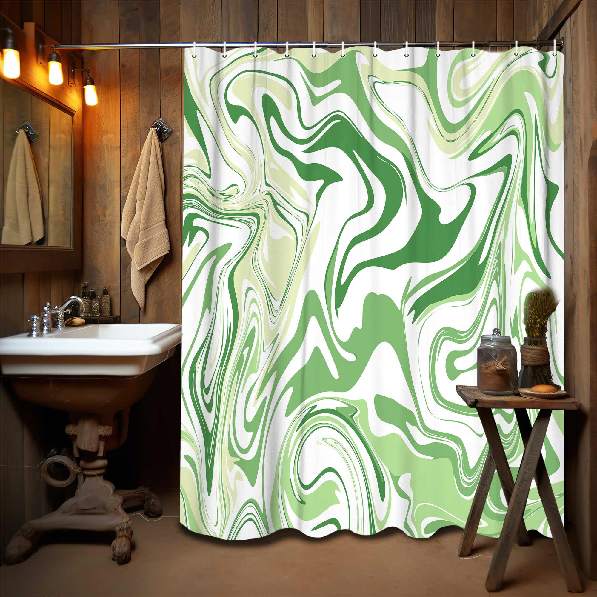 Aesthetic 70S Abstract Wavy Swirl Shower Curtain,Cute Sage Green Marble Bath Curtain, Modern Ombre Retro Boho Minimal Bathroom Accessories Groovy Teen Girls Bathroom Curtain Liner Set Hooks