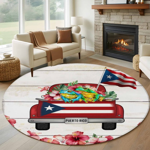 Round Area Rug 5 Ft, Puerto Rican Flag Washable Non-Slip Circle Carpet for Living Room/Bedroom, Vintage Country Truck Flowers Wooden Grain Low-Profile Runner Mats Collection Rugs for Indoor