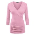 thumbnail image 1 of Made by Johnny Women's Deep V-Neck 3/4 Sleeve Slim Fitted T-Shirt Casual Cross Surplice Wrap Tops XXXL PINK, 1 of 6