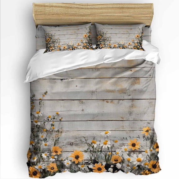 Spring Floral Queen Size Comforter Set, Yellow White Flowers Wood Grain Soft Bedding for All Seasons, 4 Pcs Bed Set with 1Comforter (90"x92") ,1 Sheet(94"x116"), 2 Pillowcases (19"x29")