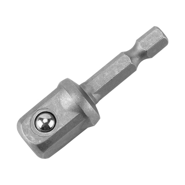 adaptador de dado a broca adaptador ligero de punta de dado para portabrocas estándar portabrocas de cambio rápido Primer plano de adaptador con vástago hexagonal 1/4" y cabeza cuadrada de 6.35 mm; acero al cromo vanadio con tratamiento de óxido negro, retén de bola de acero visible y textura mate, sobre fondo blanco. Suele usarse para convertir mandriles de cambio rápido en tomas de vaso para atornilladores eléctricos.