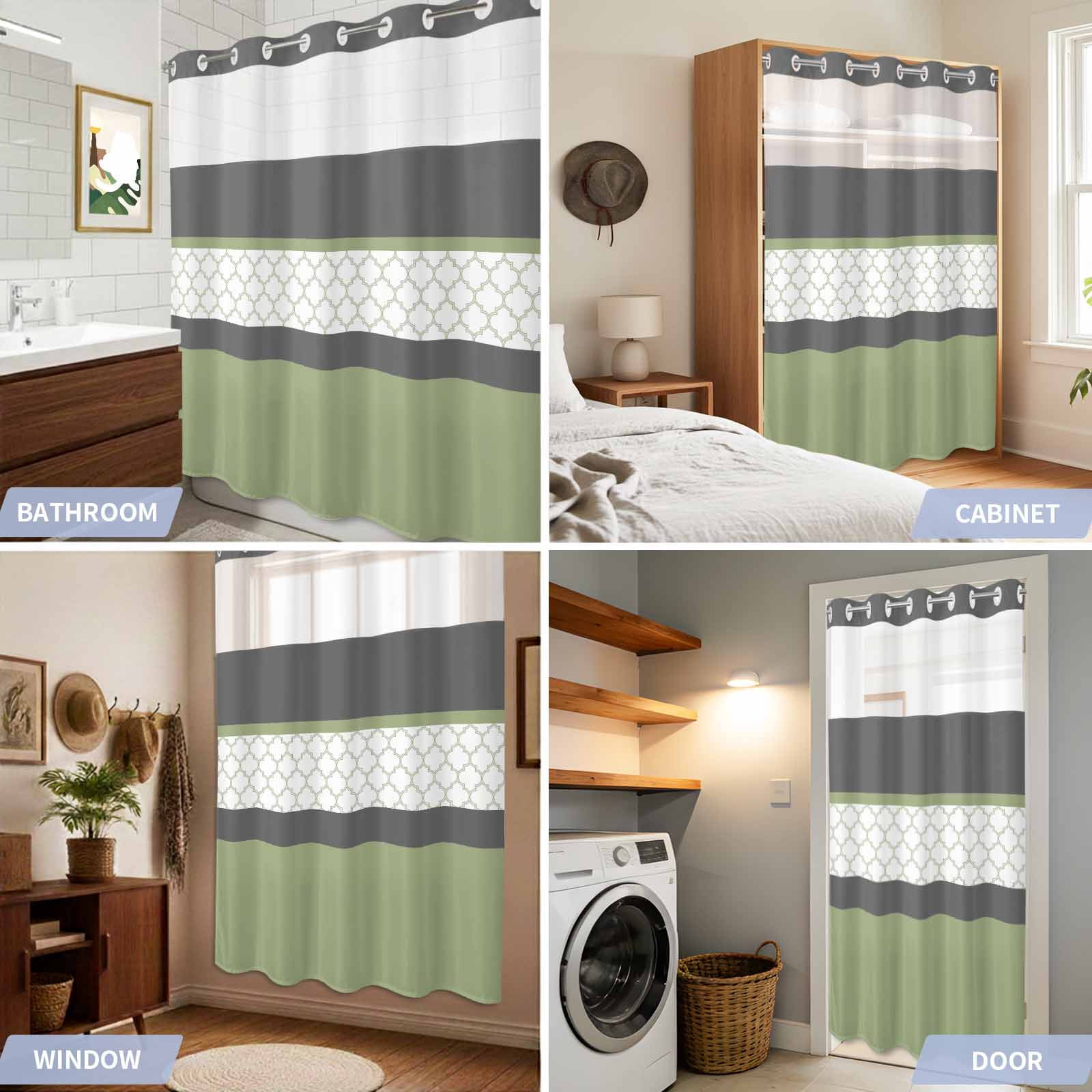 No Hook Shower Curtains for Bathroom Sage Green Morocco Waterproof Shower Curtain Restroom Decor Modern Stitching Geometric Striped Grey Bathtub Bath Curtains with See Through Top Window 60x72 Inch