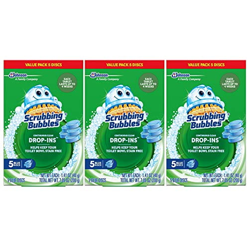 Scrubbing Bubbles Continuous Clean Drop-Ins Toilet Cleaner Tablet, Repels Tough Hard Water and Limescale Stains, Blue Discs, 5 Count, Pack of 3 (15 ...