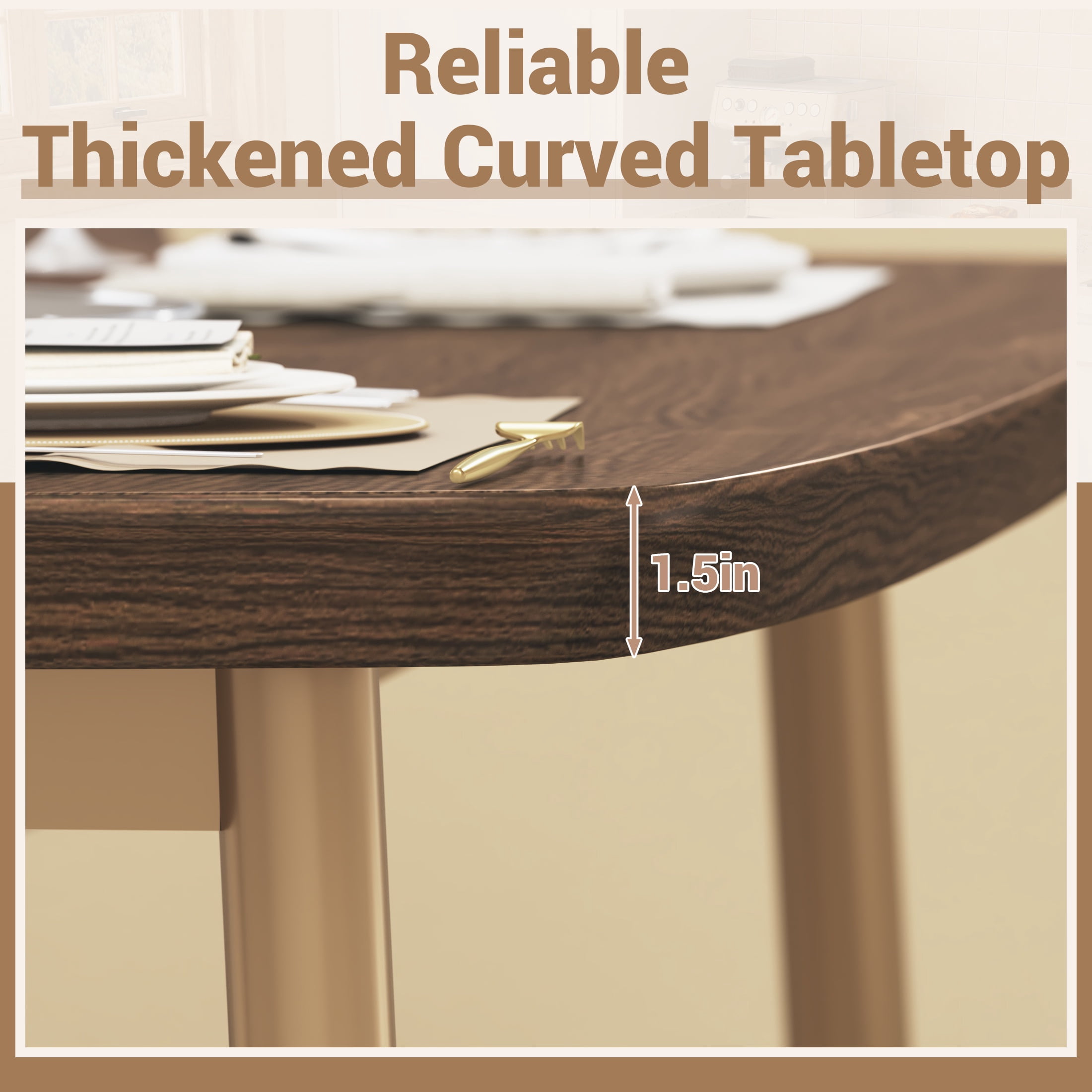 UHOMEPRO Dining Table Set for 4, Farmhouse Kitchen Table with 4 Fabric Upholstered Chairs, Curved Table Design, Dining Room Table Set for Dining Room, Kitchen and Apartment, Walnut+Beige