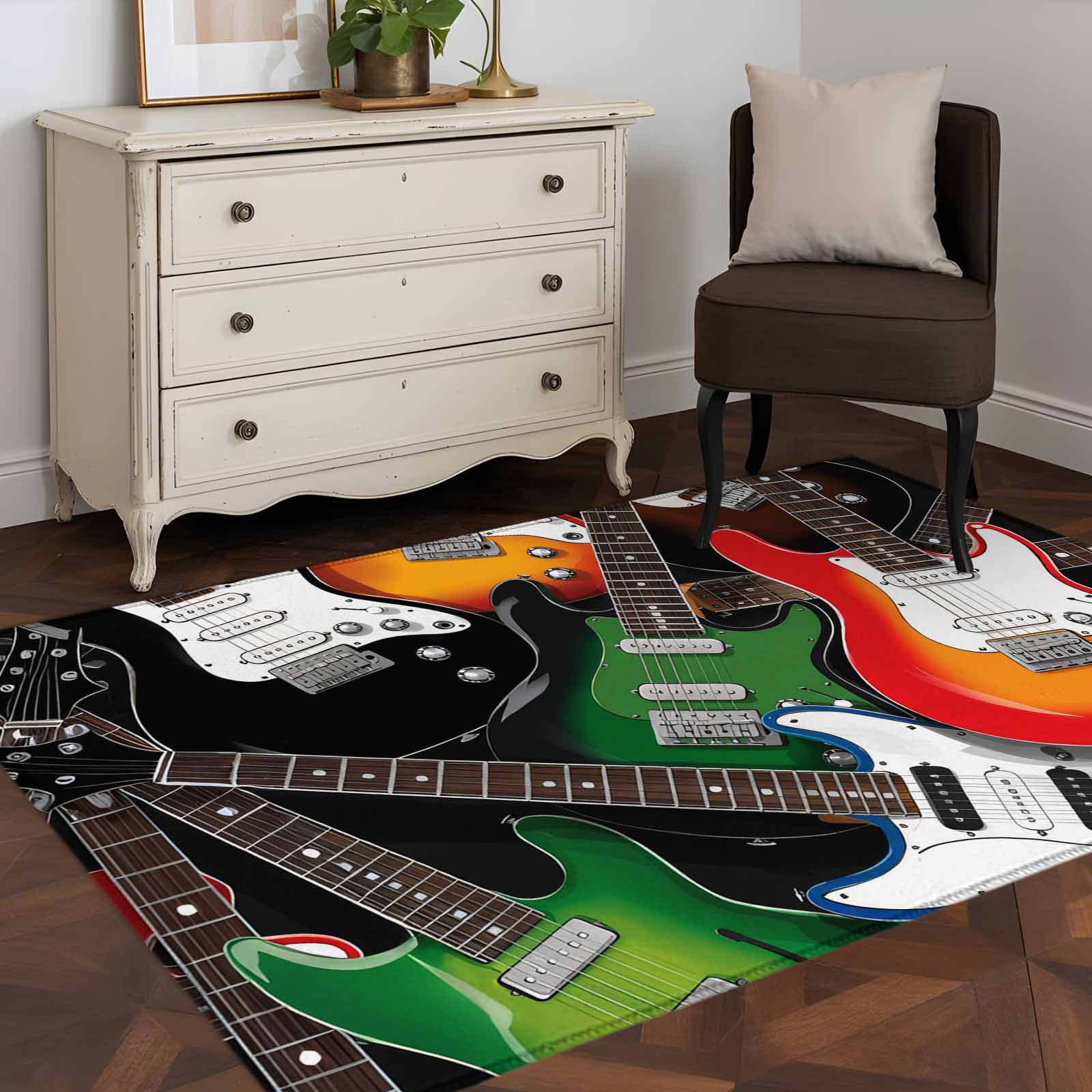 Area Rugs for Living Room Bedroom, Guitar 4'x6' Rug Washable Carpet Runner Indoor Outdoor, Cartoon Modern Colorful Guitars Non Slip Accent Floor Mats Rug for Kitchen, Office