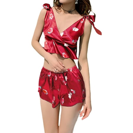 

woshilaocai Y2k Women s 2 Piece Lounge Set Silk Stain Pajama Set Floral Strawberry Print VNeck Cami Tops Elastic Band Shorts Sleepwear Pjs Sets