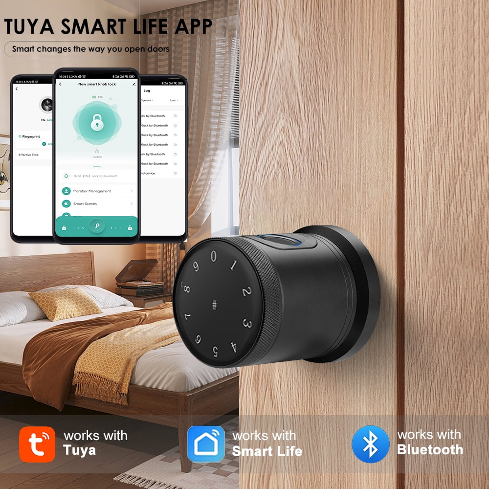 Smart Fingerprint Door Lock, 5 in 1 Smart Fingerprint Door Knob with Keypad, App Control, IC Card,Auto Lock, Biometric Door Knob with Lock for Bedroom, Apartment, Garage, Home & Office