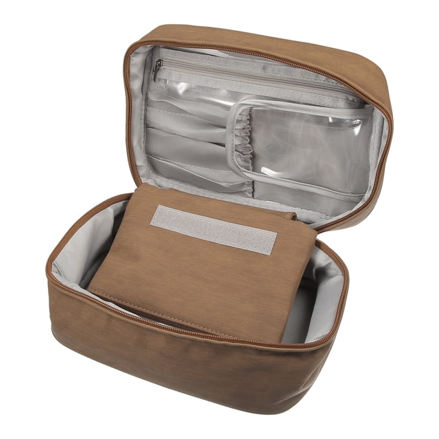 1 juego de bolsa de cosméticos, bolsa de maquillaje de viaje impermeable, bolsa organizadora de cepillos cosméticos, bolsa de almacenamiento para el cuidado de la piel para mujeres, marrón, 9.45 x 6.10 x 4.33 pulgadas. Unique Bargains bolsas de cosméticos