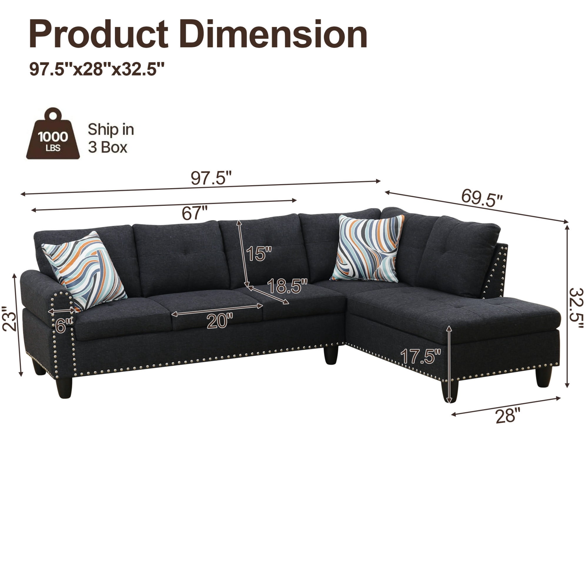 Momspeace 98" L-Shaped Sectional Sofa, Oversized 6 Seater Sofa with Cup Holder, Linen, Black