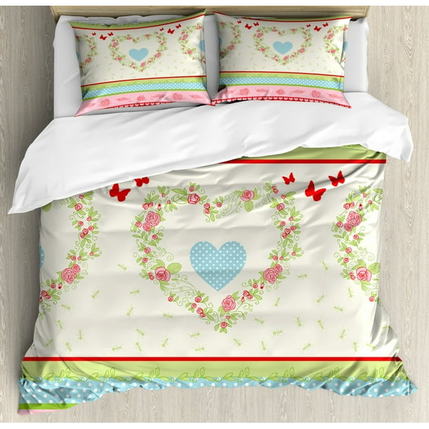 Shabby Chic Duvet Cover Set King Size Country Style Roses And Borders Erflies Ants Heart Shapes Polka Dots Decorative 3 Piece Bedding With 2 Pillow Shams Multicolor By Ambesonne Shabby Chic Duvet Cover Set King Size, Country Style King Size Bedding Sets