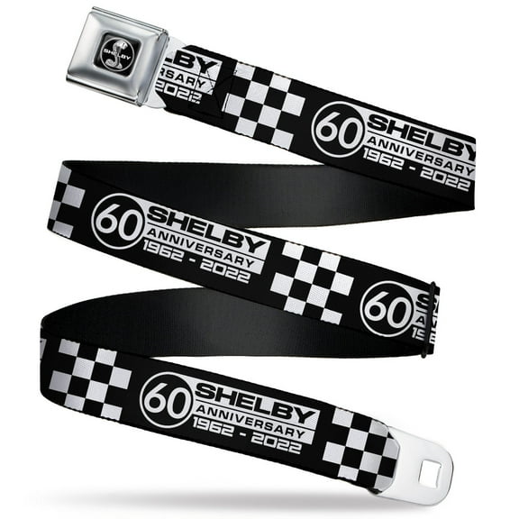 Carroll Shelby Belt, Seatbelt Buckle Belt, Shelby 60 Years Since 1962 Checker Black White, 24 to 38 Inches