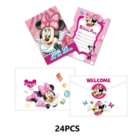 24PCS Birthday Party Invitation Cards with Minnie Theme, Including 24 Stickers and 24 Envelopes，Cartoon Style Party Decor Supplies.