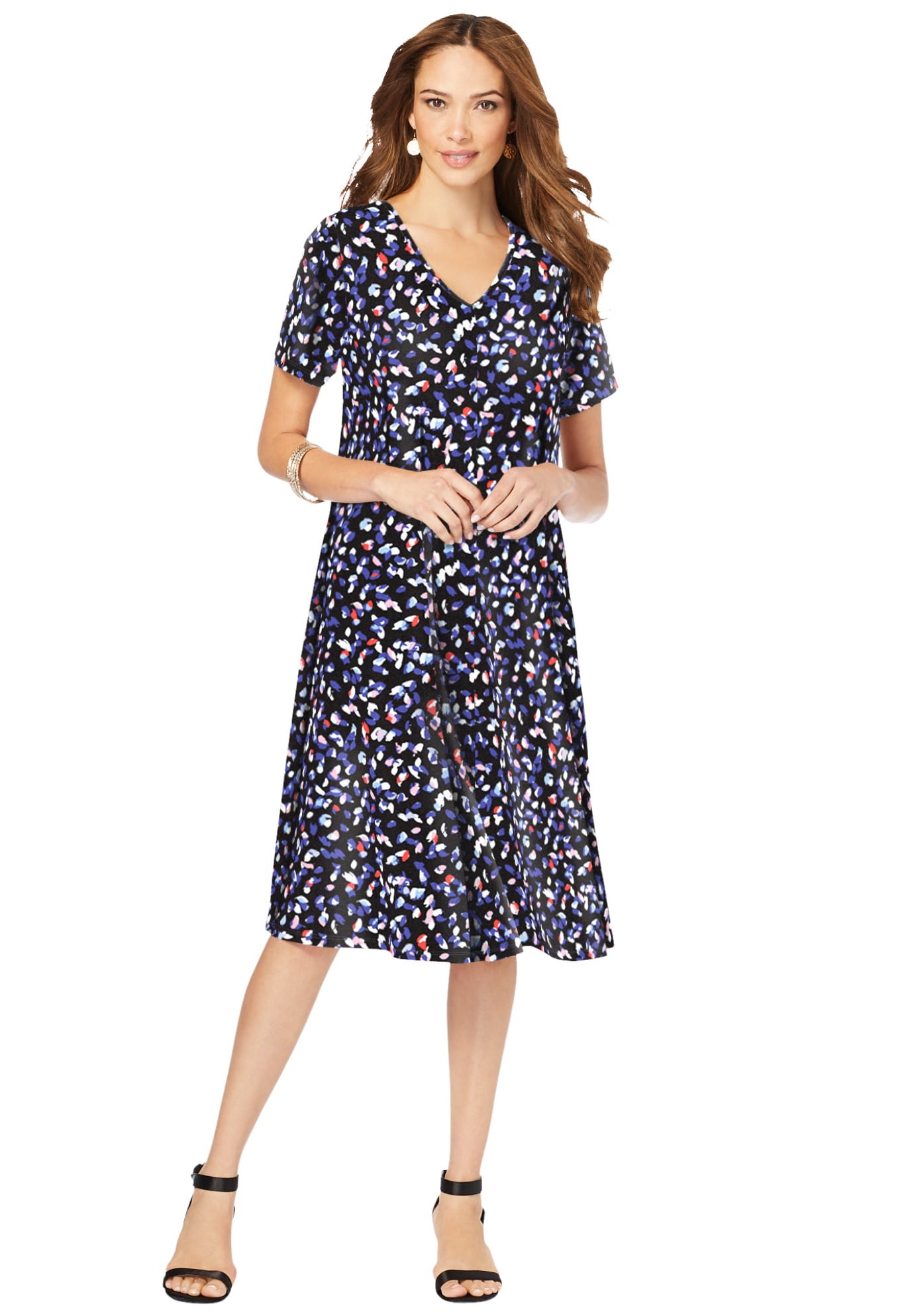 Roaman's - Roaman's Women's Plus Size Ultrasmooth Fabric V-Neck Swing Dress Stretch Jersey Short 