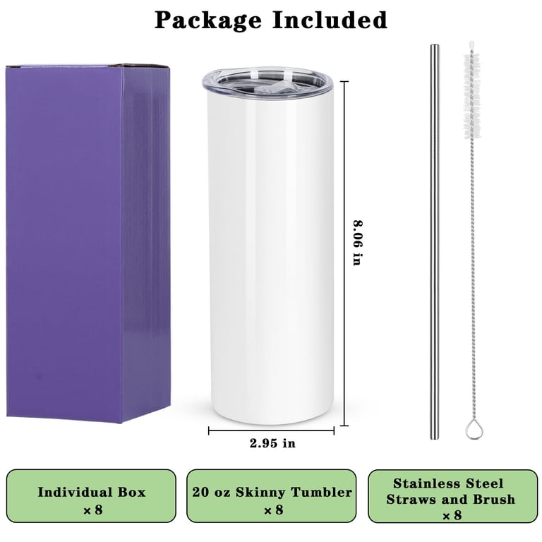 8 Pack 20 oz Skinny Straight Tumbler Bulk, Stainless Steel Double Wall  Insulated Tumblers with Lids and Straws, 20 oz Slim Travel Cup for Drinks  ...