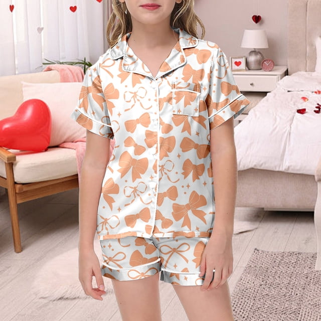 Pyjama Fille Nœud Papillon Imprimé Manches Courtes Bouton Haut Short Ensemble Maison pour Enfants