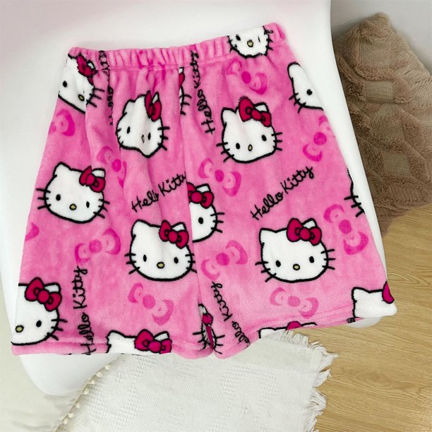 Cartoon Cat Pajama Pants Hellow Cat Indoor Pants For Women Girls Cute Cat Flannel Comfy Sleep Bottoms