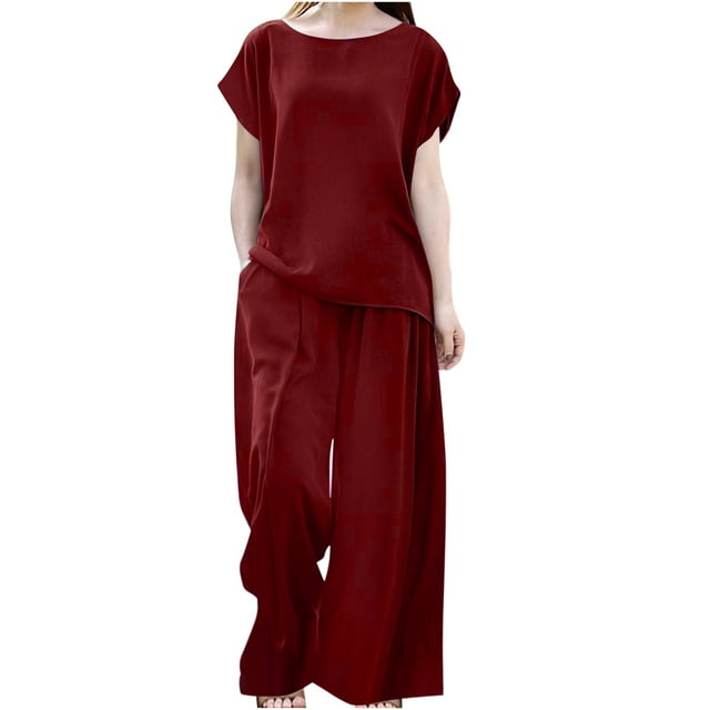 Ensembles 2 Pcs pour Femmes Grande Taille, Pyjamas de Détente, T-Shirts à Manches Courtes, Pantalons Longs à Jambes Larges Fluides, Tenues d'Été