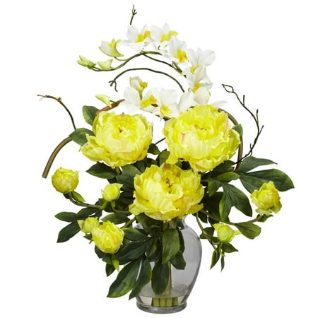 Nearly Natural Peony and Orchid Silk Flower Arrangement  Yellow A perfect harmony of color and design. Brighten up any room or office space. Will look great for years to come. Construction Material: Polyester material  Iron wire  Glass  Resin  Bamboo. 19 in. W x 16 in. D x 21.5 in. H ( 4 lbs. ). Pot Size: 5.5 in. W x 7.5 in. H. This exquisite Peony and Dendrobium arrangement projects a perfect harmony of color and design. The bright  tasteful  and colorful weaving of different textures and flower types creates a splendor that s simply not found in a single species. Standing at over 21 inches high and set in a glass vase with liquid illusion faux water  this makes the perfect addition to any home or office  and also makes a great gift.