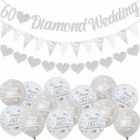 60th Anniversary Decorations - Diamond Wedding Glitter Banners, Bunting Flag and Balloons for Party Supplies