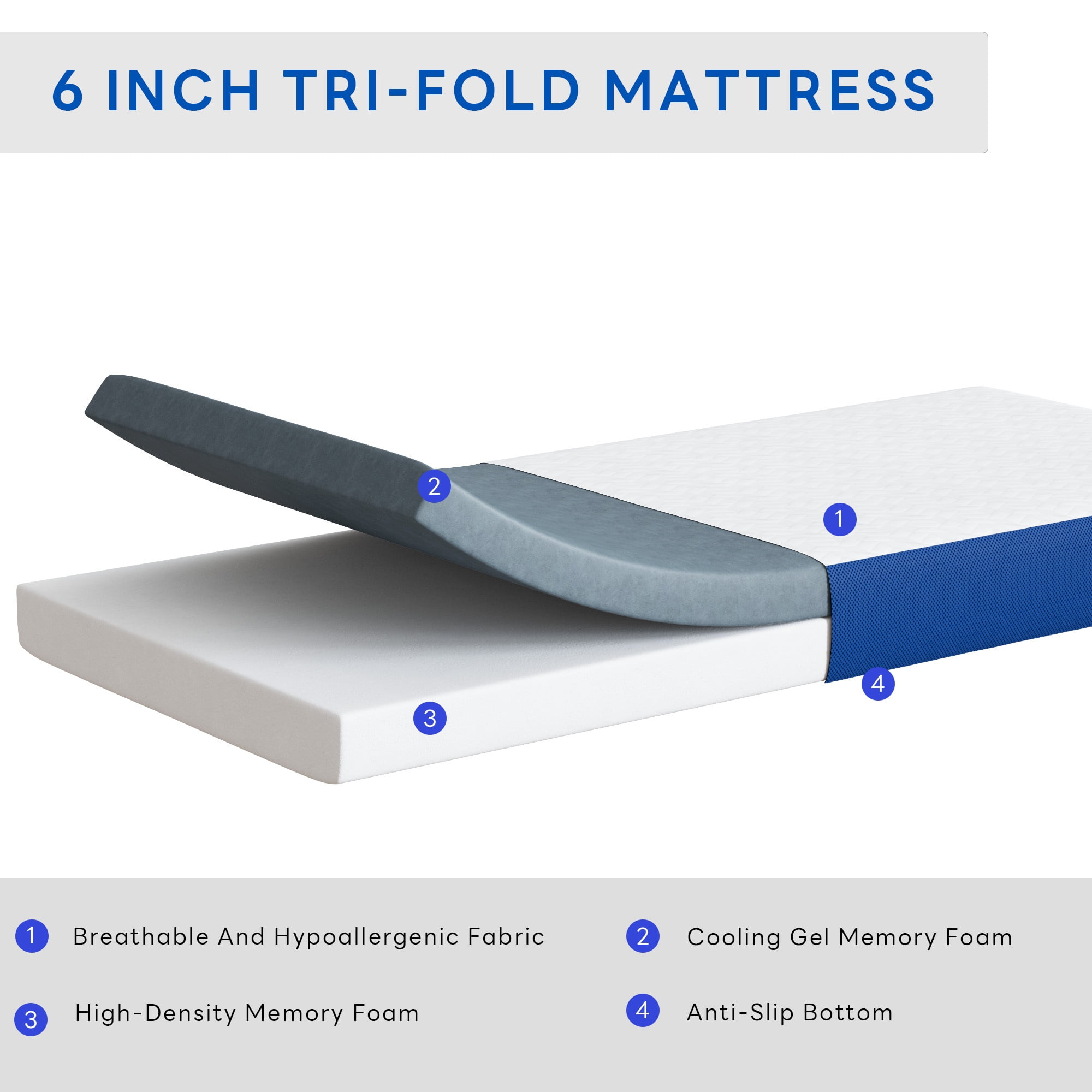 Soges 6 inch Tri-Fold Mattress Twin Size Memory Foam Mattress Portable Floor Mattress for Travel & Camping, Washable Cover Foldable Mat