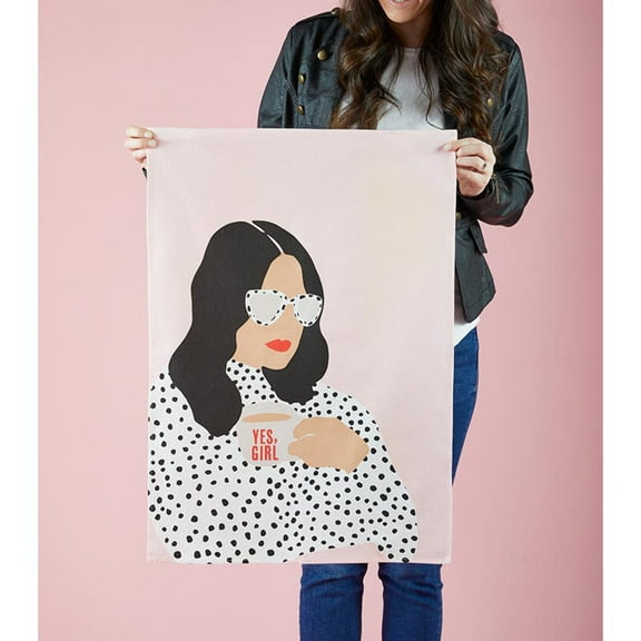 29" White, Pink and Black Rectangular Tea Towel with Yes Girl Design
