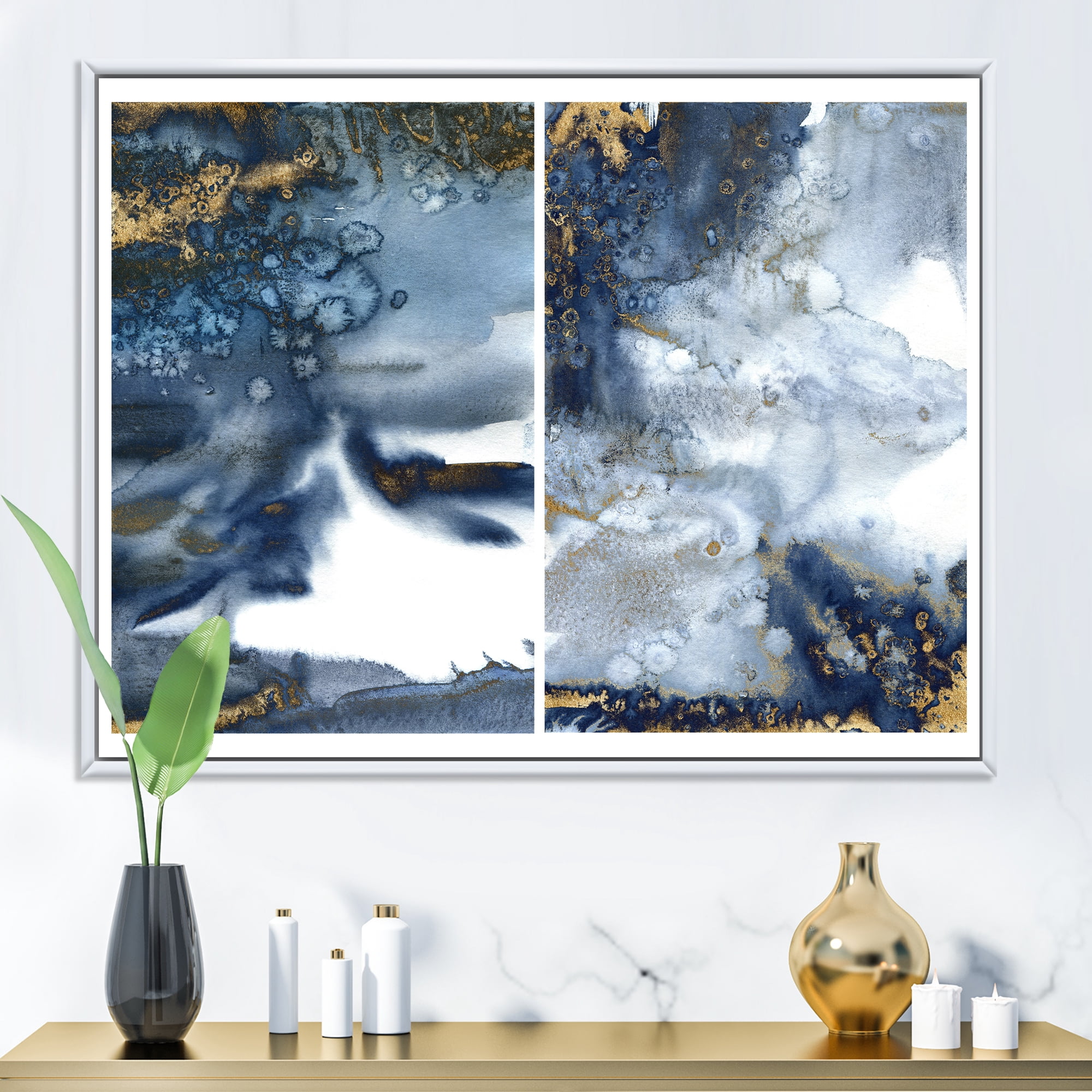 Designart 'Gold and Dark Blue Abstract Waves IV' Modern Framed Canvas Wall Art Print