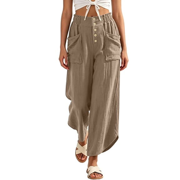 TaTaai Womens Solid Loose Casual Pants with Pockets Elastic Waist Relaxed Trousers Bottoms for Daily Home